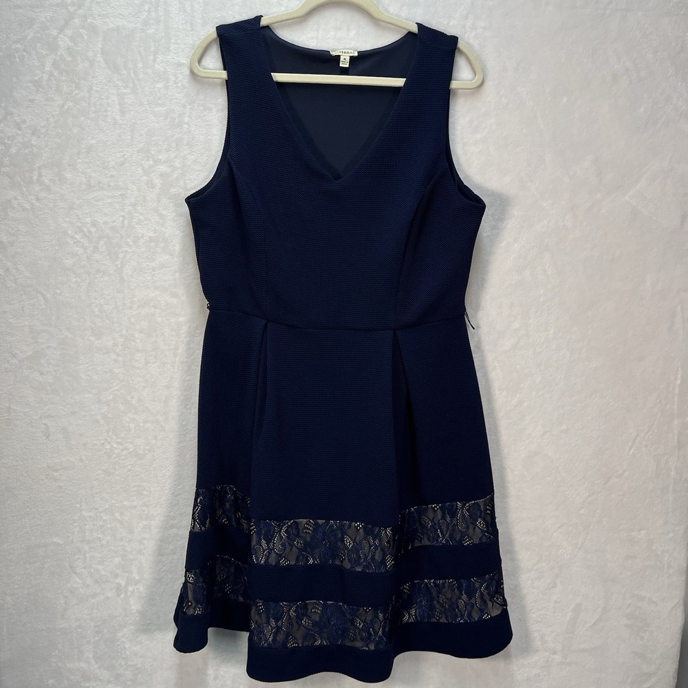 Haani Sleeveless Fit and Flare Vneck Dress Womens XL Lace Inset Navy Career